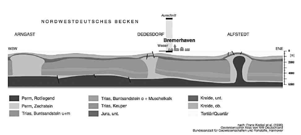Рис. 3. Геологический профиль Северной Германии с соляными куполами (выделено синим цветом)